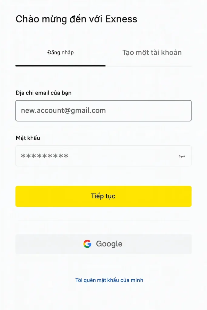 Màn hình đăng nhập Exness với email và mật khẩu trên giao diện tiếng Việt