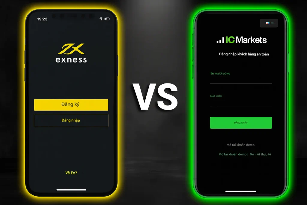 So sánh Exness và IC Markets qua giao diện đăng ký và đăng nhập trên di động