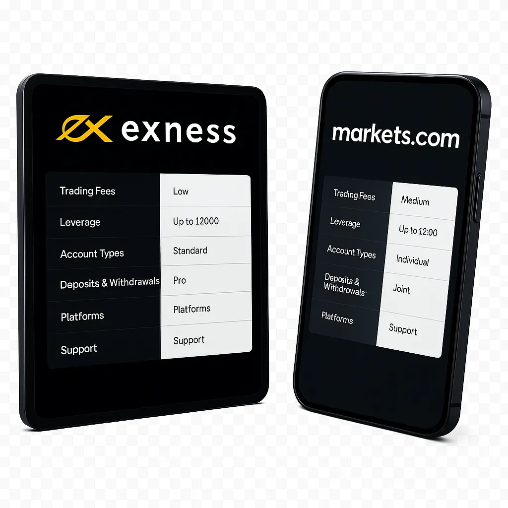 So sánh Exness và Markets.com qua phí giao dịch, đòn bẩy và loại tài khoản