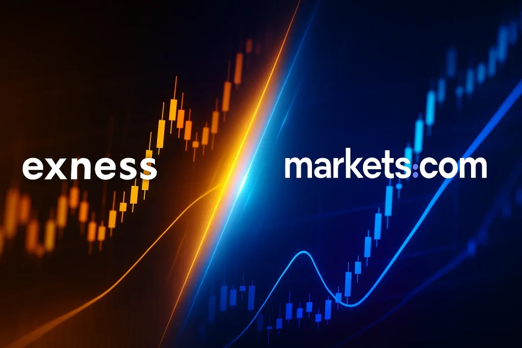 Hình ảnh so sánh Exness và Markets.com với biểu đồ tài chính động, tông vàng–xanh thể hiện sự đối lập giữa hai broker forex.