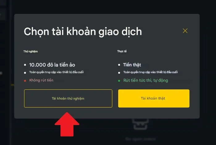 Giao diện Exness hiển thị lựa chọn giữa tài khoản thử nghiệm và tài khoản thật