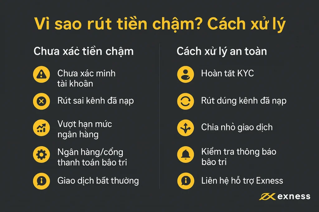 Nguyên nhân rút tiền Exness chậm và cách xử lý an toàn như hoàn tất KYC và rút đúng kênh đã nạp